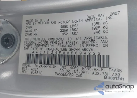 2008 Mitsubishi Eclipse Gs z USA, uszkodzony, nr VIN 4A3AK24F88E004222